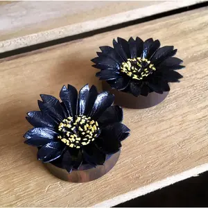 PAIR of Orginal Black Leather Flower and Organic Horn Plugs - Gauges 0g (8mm) up to 1&1/4" (32mm)