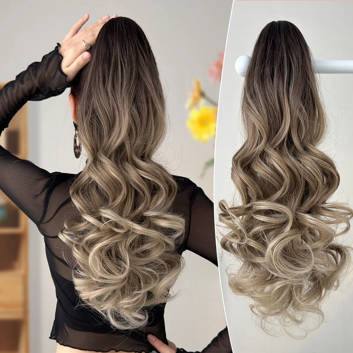 Heypink Claw Ponytail Extensions, 24-Inch Omber Body Wave Synthetic Hairpiece with Heat-Resistant Fiber, Hair Transition Design for Women's Party & Daily Use