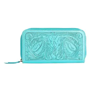 Western Leather Wallet for Women, Hand-Tooled Turquoise Longhorn & Basketweave, RFID Zip Around Clutch Purse, Western Leather Purse
