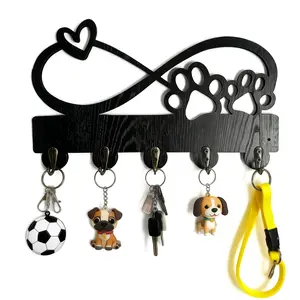 Wooden Claw Print Heart Hook Rack, Key Holder, Pet Series Clothes Hanger, Durable Hat Hook, 5 Alloy Hooks, Wall Mount, Home Decor