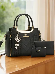 Litchi texture PU leather 3-piece handbag set, high-grade solid color women's crossbody bag with metal hardware pendants and adjustable shoulder strap, daily casual and versatile ultra-practical women's bag, ideal gift for birthdays and festivals