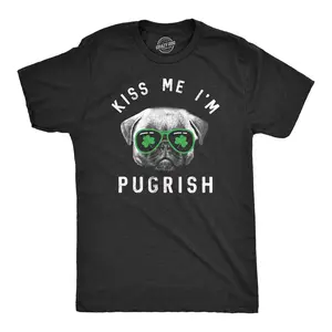 Mens Kiss Me Im Pugrish T Shirt Funny Saint Patricks Day Pug Irish Clover Tee Mens Funny T Shirts Cool Vintage Fashion T-Shirt Gift Classic Menswear Saint Patrick's Day Apparel for Men Funny Dog Short Sleeve Black