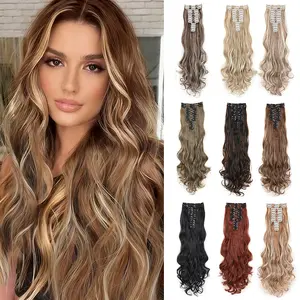 12PCS Clip in Hair Extensions Honey Blonde Mixed Light Brown 22Inch Long Wavy Synthetic Hair Extensions