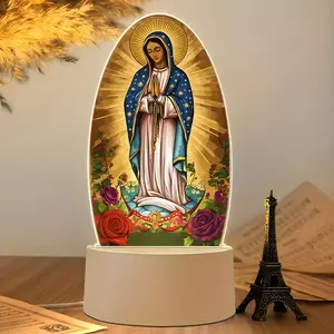 Guadalupe Virgin Night Light, USB Powered Acrylic Round Table Lamp, Floral Praying Mary Design, Cozy Bedroom Decor, Home Office Gift, Flower Design Lamp, Nightlight For Bedroom