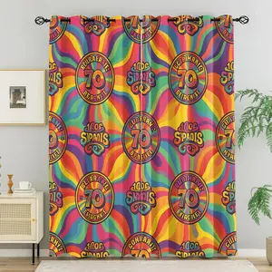 2 Panels Retro 70s 80s Psychedelic Blackout Curtains, Vintage Neon Badge Logo Colorful Print Window Drapes for Bedroom & Living Room Home Decor