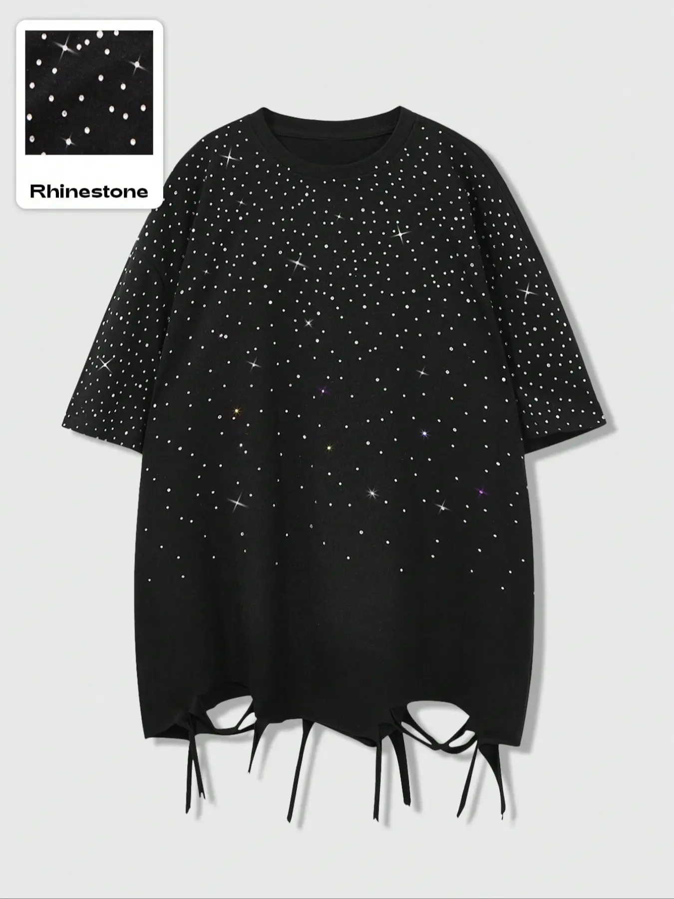 Vintage Distressed Rhinestone Party T-Shirt, Loose Casual Street Style Summer Top, Moderate Knitted Fabric, H Type Silhouette, Women's Fashion, Piece, Streetwear