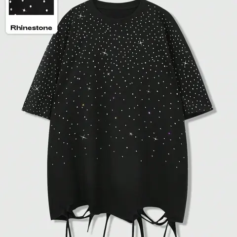Vintage Distressed Rhinestone Party T-Shirt, Loose Casual Street Style Summer Top, Moderate Knitted Fabric, H Type Silhouette, Women's Fashion, Piece, Streetwear