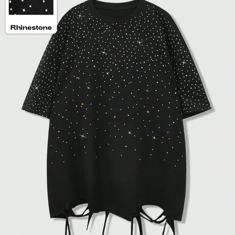 Vintage Distressed Rhinestone Party T-Shirt, Loose Casual Street Style Summer Top, Moderate Knitted Fabric, H Type Silhouette, Women's Fashion, Piece, Streetwear