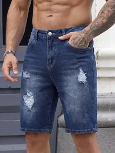 Men's Blue Washed Slim Fit Button Pocket Denim Jeans Shorts, Ripped Straight Leg Summer Pants, Comfortable Fashion Men's Clothing, Plain Pattern