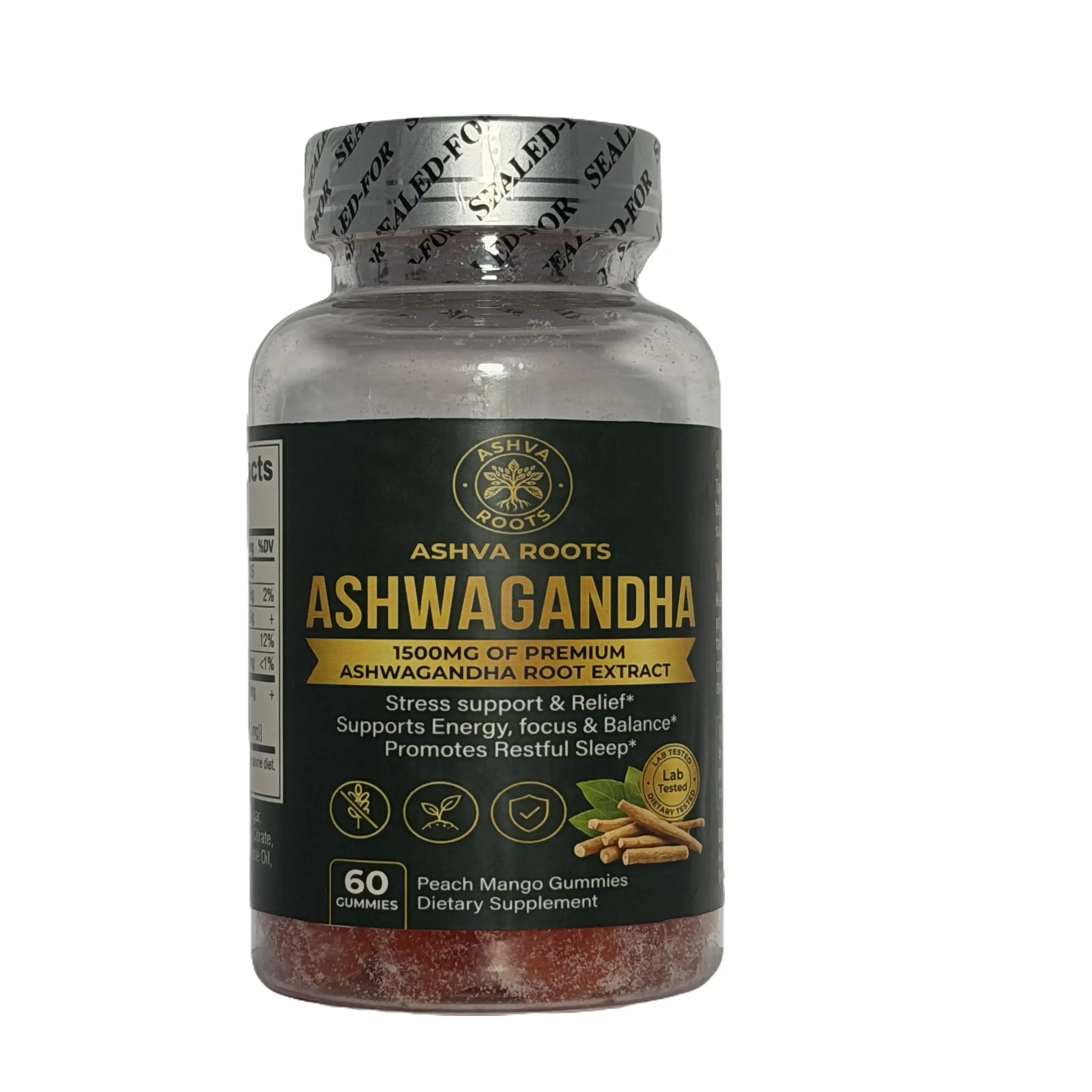 Ashva Roots Ashwagandha Gummies 1500mg – Peach Mango, 60 Count, Stress Support & Calm* Healthcare Fitness Dietary Edible Supplement