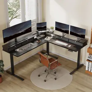 71'' Large L Shaped Standing Desk Electric Corner Table with Shelf, 4 Storage Drawers, Adjustable Computer Workstation for Home, Office, Game, Studio, Black Top + Black Frame