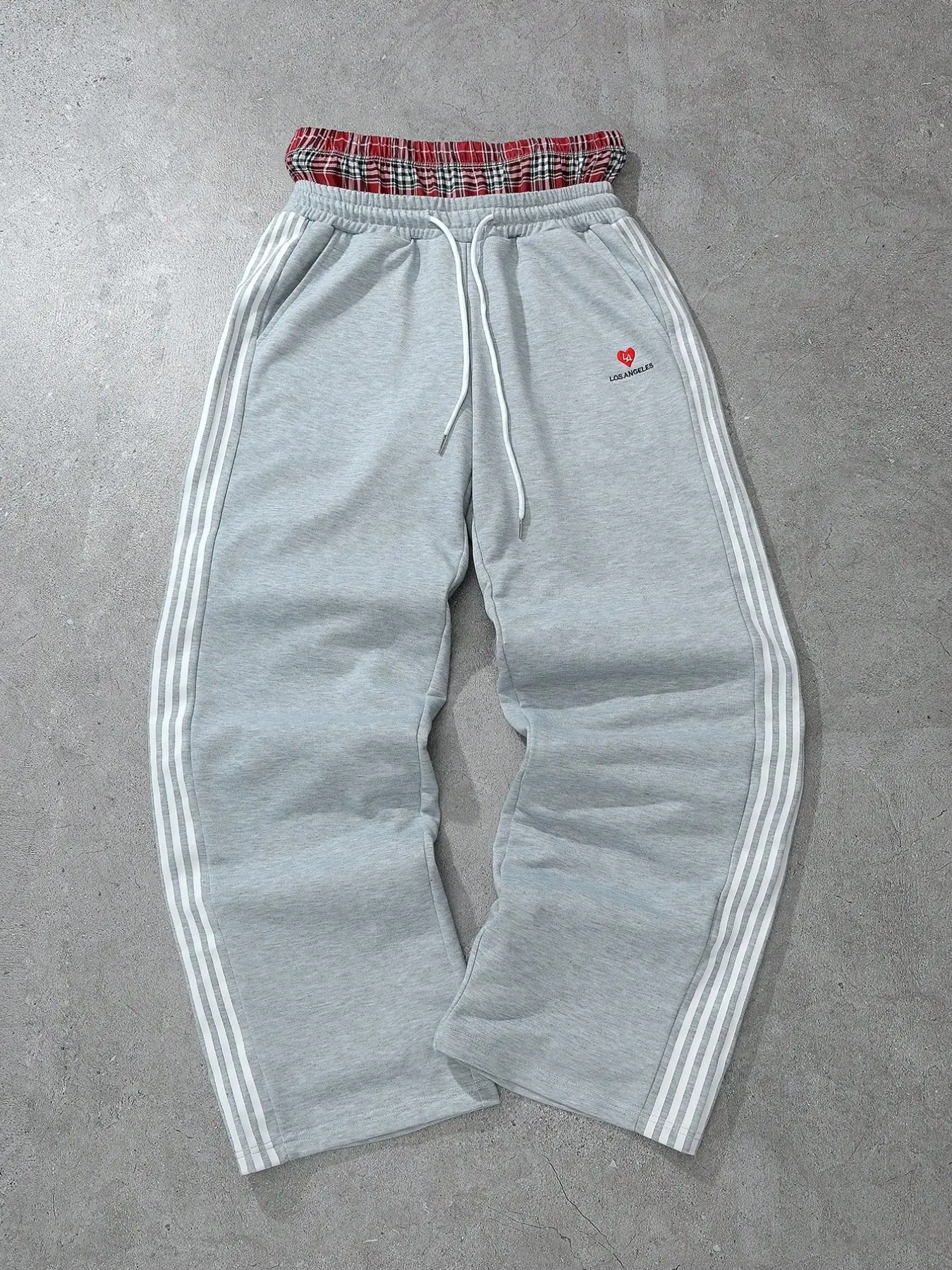 Men's Baggy Sweatpants High Waisted with Plaid Waistband, Trendy Wide Leg Lounge Pants, Casual Streetwear Joggers with Side Stripes, Athleisure Style Bottoms, Knit Athletic Pants, Casual Sporty Pants, Casual Sportswear Pants, Knitted Sports Pants