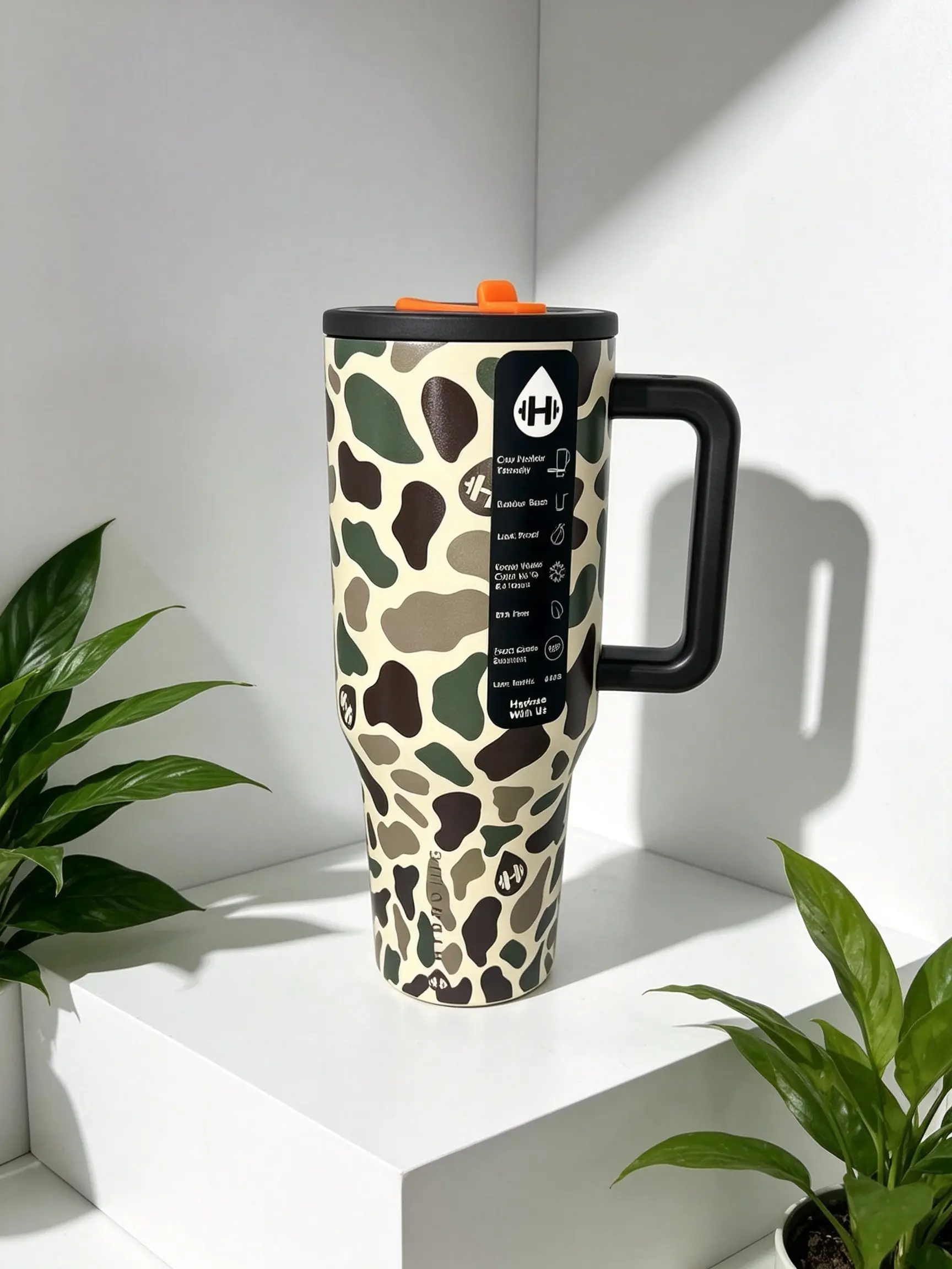 HydroJug 40 oz camouflage cow print pattern vacuum insulated stainless steel cup with handle and sliding leak-proof lid, large capacity reusable travel coffee cup, suitable for car cup holder, road travel, camping, hiking, outdoor adventure  Water Bottles