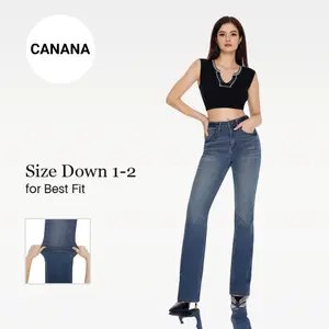 CANANA Women High-waisted Stretchy Bootcut Jeans Buckle Baggy Pants Medium Blue SH25F05 Underwear Streetwear Lady Trouser Comfortable Flare Denim