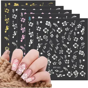 Flower Nail Stickers 5 Sheets Hibiscus Nail Decals White Pink Golden Clear Silver Decals Nail Art Decorations Nail Decals Nail Art Supplies Nail Designs for Women Manicure Tips