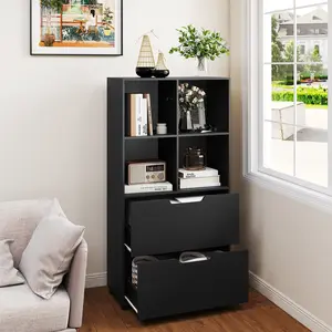 COSTWAY - 4-Cube Bookcase with 2 Drawers 51 inch 5-Tier Tall Freestanding Bookshelf-Black