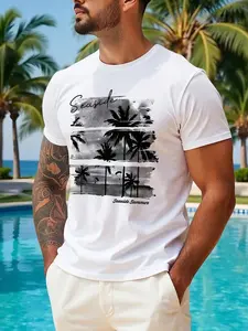 Men's Relaxed Beach T-Shirt, Low Saturation Coconut Tree Coast Design, Lightweight Summer Style for Casual Vacations