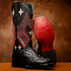 Black Caiman Neck Leather Boots - Square Toe