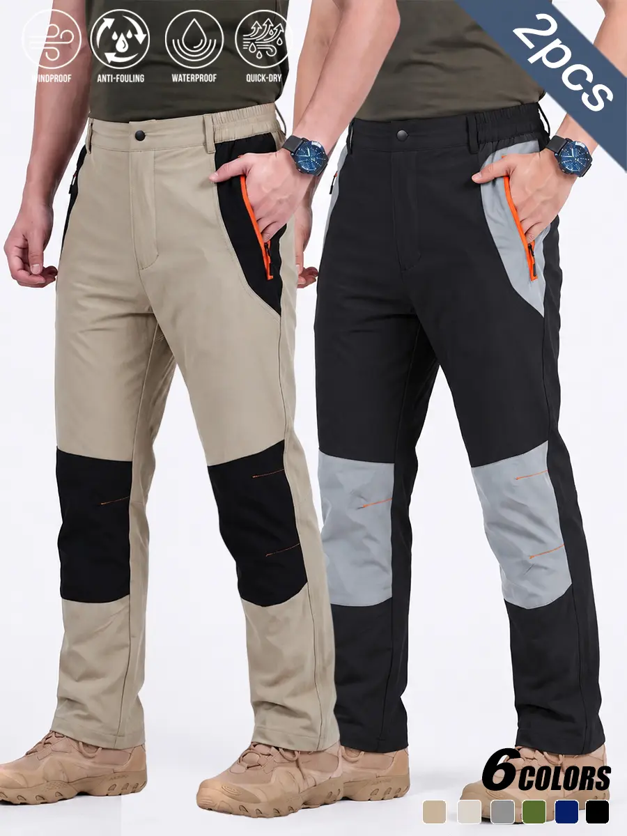 2 Pack Men Waterproof Outdoor Climbing Pants, Anti-Stain Breathable Fabric, Elastic Waistband, Zipper Pockets, Straight Leg Design, Perfect for Hiking, Backpacking and Outdoor Adventures