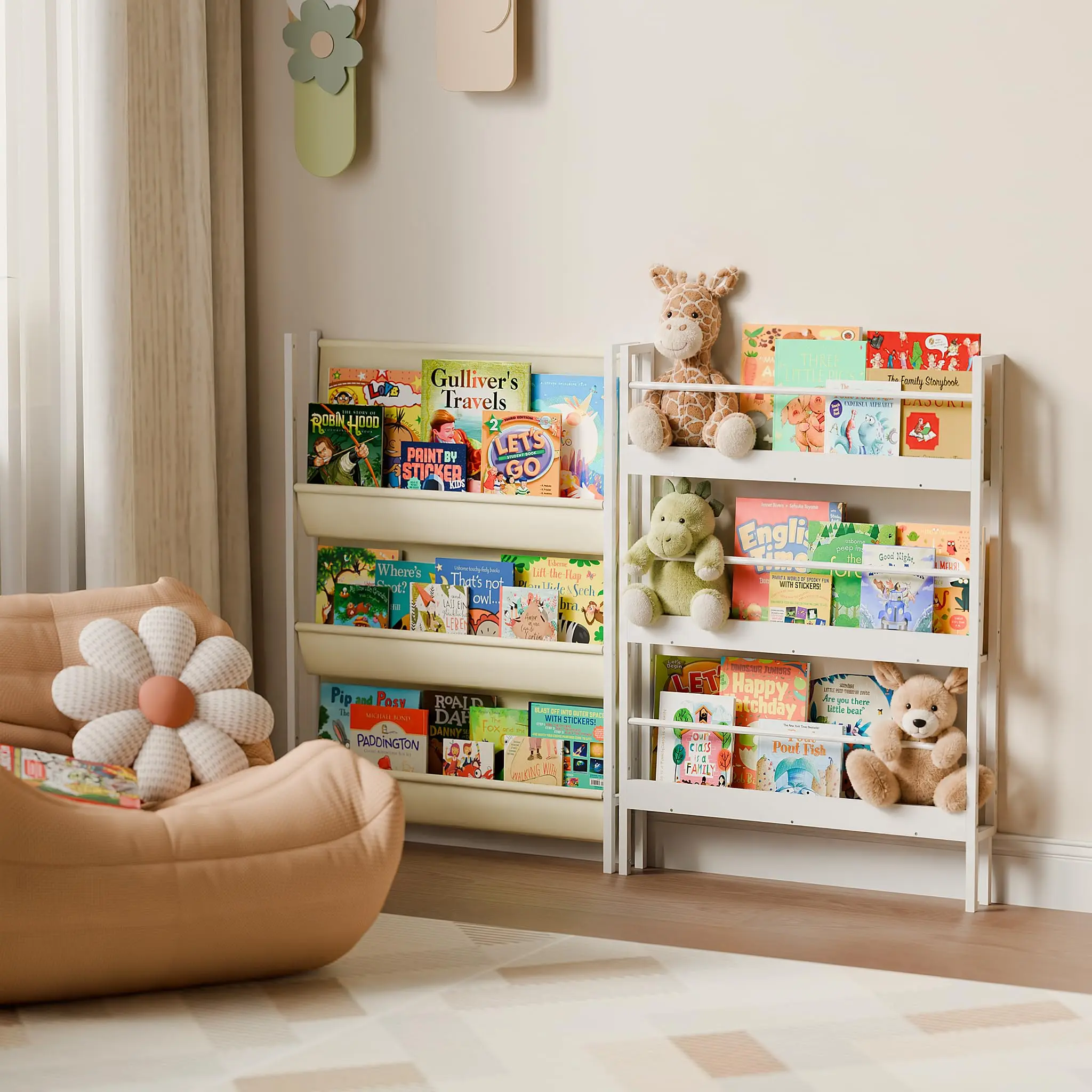 POZILAN Montessori Kids Bookshelf, 2-in-1 Versatile Front-Facing Book Rack (Vertical/Horizontal), Ultra Slim Space Saving Toddler Bookcase Organizer for Nursery & Playroom