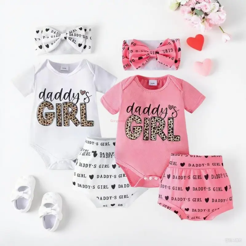 Baby Girl's 3-Piece "Daddy's Girl" Newborn Gift Set - Romper, Shorts, Headband, Soft Polyester, Machine Washable, 0-24M, Spring/Summer Outdoor, Newborn Essential Set, Baby Girls Clothing