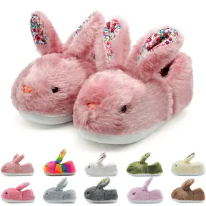 Lumubby Women's Cute Rabbit Plush Slide Slippers, Cozy Fuzzy Cotton House Shoes with Floral Ears, Winter Warm Indoor Footwear, Fur Slides