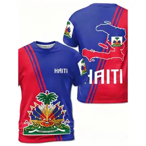 【S~5XL】Men's Haiti Football Jersey, Comfortable Round Neck Sports Shirt, Sports Apparel, Workout Top, Ethnic Pattern, Fitted H-Type, All Seasons, Outdoor Training men Womenswear Day Pleated Tshirt Fabric Streetwear Summer