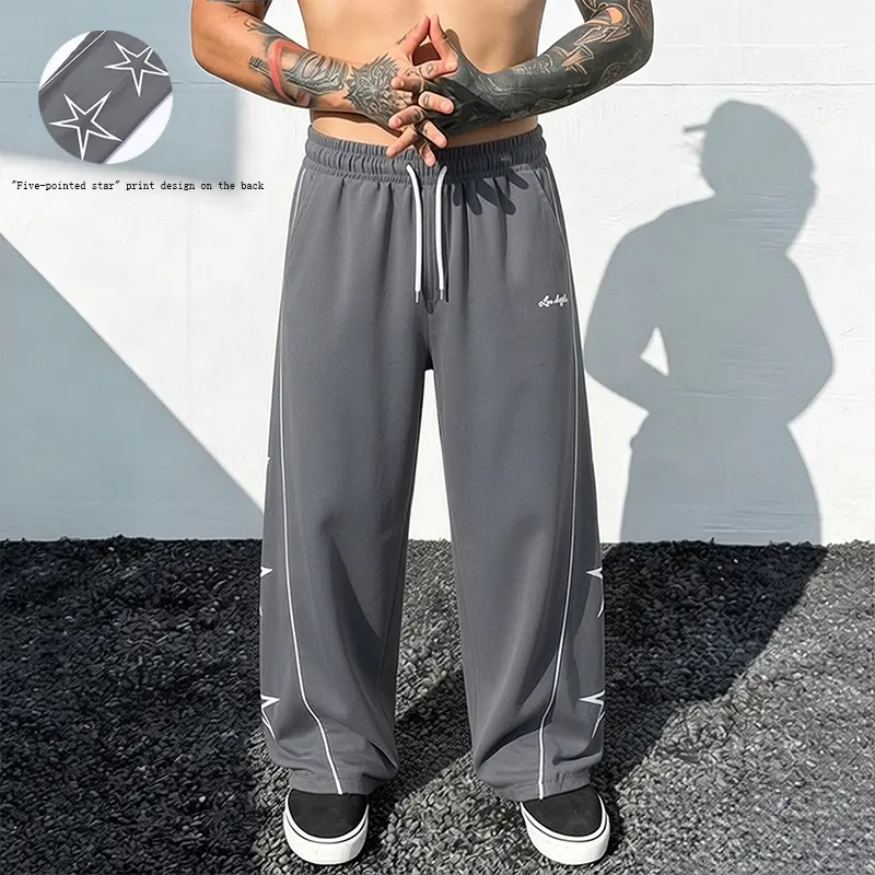 Men's Retro Streetwear Star Print Mesh-Lined Track Pants - Breathable Quick-Dry Polyester Bottoms with Side Stripes, Baggy Oversize Mid-Waist Design for Gym, Hang Dry, Do Not Iron
