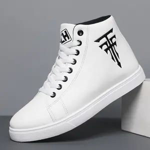 Spring and Autumn Plus-Size Men's High-Top Casual Sneakers Mid-Top Leather Waterproof Non-Slip Stylish White Shoes for Men