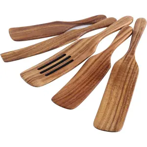 Spurtle Set, Natural Acacia Wooden Kitchen Utensils Set of 5, Wooden Spoons Utensils for Cooking, stirring, Mixing, Serving, spurtles kitchen tools as seen on tv for NonSick Cookware