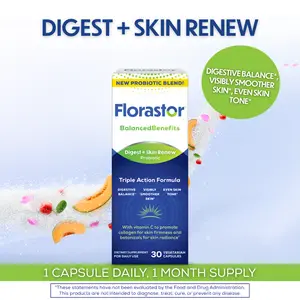 Florastor Digest & Skin Renew - Probiotic for Gut Health & Glowing Skin | Damask Rose, French Melon, Vitamin C | 30 Capsules