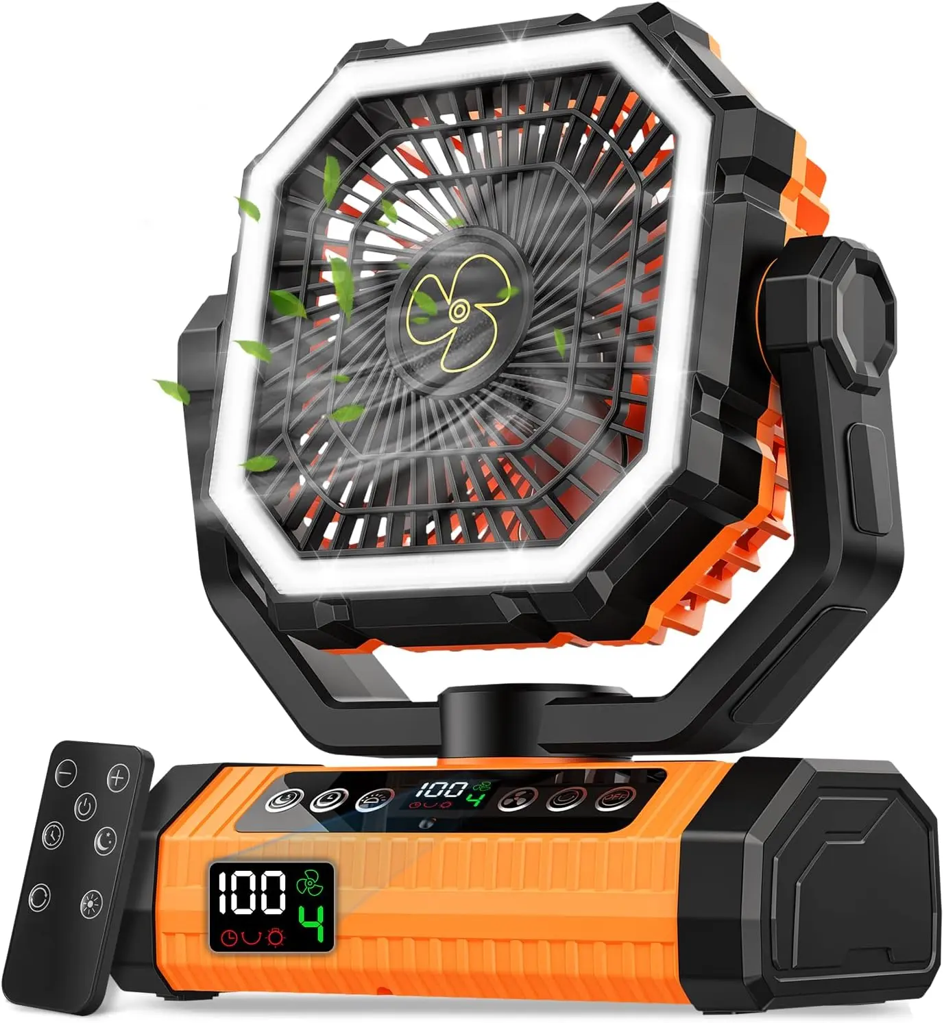 Camping Fan Rechargeable, 20000mAh Battery Powered Fan with Digital Display, 4 Speed Rechargeable Fans Portable with Remote, Cordless Battery Operated Fans with LED Light and Hanging Hook for Outdoor