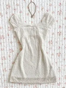 Women's Spring Summer Lace Trim Square Neck Bow Short Sleeve Slim Fit Dress, Casual Daily Wear, Date Night, Sexy Romantic Style