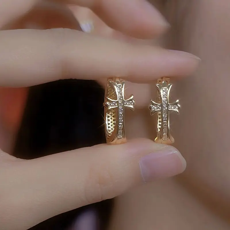 Diamond-encrusted gold cross hoop earrings, 2026 new popular model, high-end luxury earrings