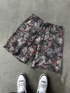 Men's Camo Leaf Print Drawstring Pocket Shorts, Casual Breathable Elastic Waist Summer Shorts for Men, Athleisure Beach Vacation Daily Wear Athletic Bottoms