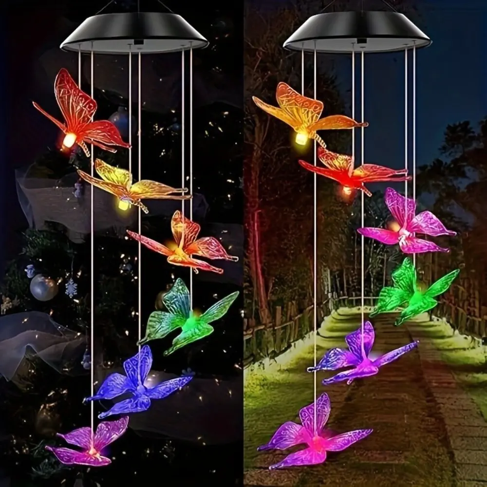 Solar-Powered  Changing LED Butterfly Wind Chime - Waterproof Biomimic Nature-Themed Hanging Decor, Outdoor Garden Accessories for Balcony, Courtyard, Window, Ideal Holiday Gift for Moms