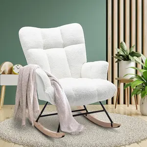 Rocking Chair Nursery Teddy, Upholstered Baby Fluffy Glider Rocker for Adults Indoor, Comfy Sherpa Compact Nursing Chairs for Small Spaces, Living Room, Classroom, Bedroom, White