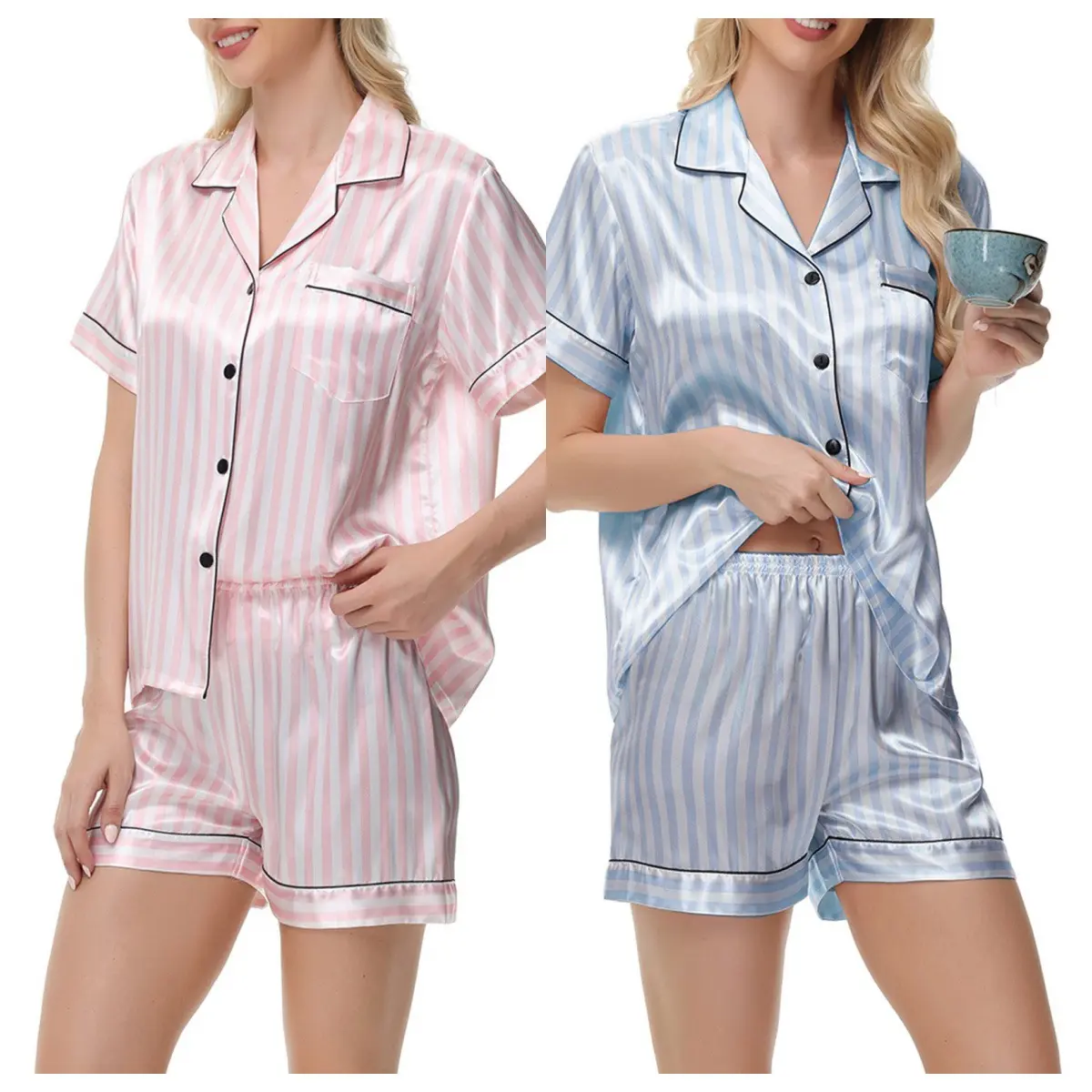 FEITAI Women's Striped Pajama Set: Short-Sleeve, Soft, Button-Down Loungewear — 2-Piece Satin Pajama Shorts Set