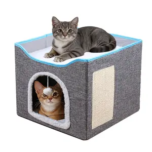 Cat Houses for Indoor Cats - Large Cat Bed Cave with Scratch Pad and Fluffy Ball, Foldable Cat Condo Hideaway with Reversible Cushion, All Seasons Use, for Multiple Small Pets, Dark Ivory Apartment, Easter