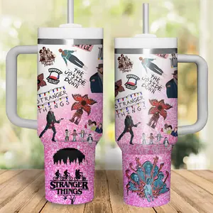 STORMMECH- Stranger t 40oz Insulated mug, insulated tumbler,  cartoon design, thermal mug, double wall vacuum stainless steel, straw lid with handle leak proof, keeps hot 12 hours cold 24 hours, valentine birthday gift