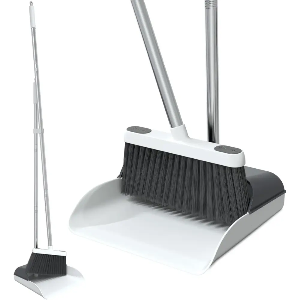 Stainless Steel Standing Type Broom and Dustpan Set with Comb Tool - Sturdy 50-in Broom, 20° Angled Brush, Long Handle for Adult Home-Office Indoor Sweeping