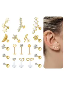 19Pcs Cartilage CZ Stud Earrings Conch Forward Helix Tragus Daith Piercing Lip Rings Snake Heart Butterfly Jewelry for Women Men 16G Silver Gold Tone