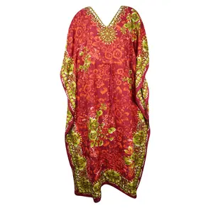 Boho Maxi Kaftan Dress Floral Red Kimono Caftan Resort Dresses M-2X