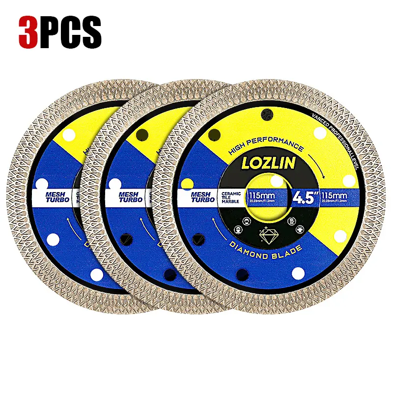 LOZLIN 3PCS 4.5" High Performance Self-Centering Mesh Turbo Diamond Cutting Discs - Angle Grinder Tool Blades for Tile, Ceramic, Self-Centering Diamond Blades