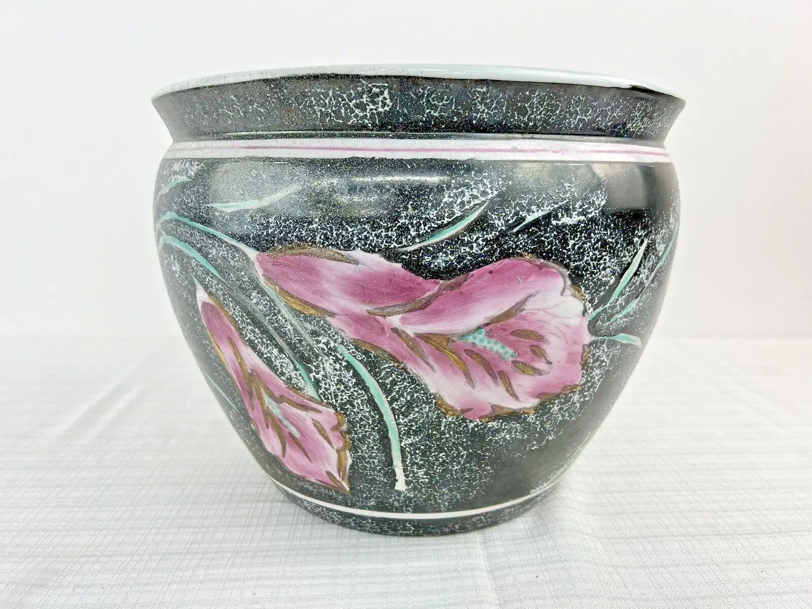 Vtg Chinese Porcelain Hand Painted Flowers Goldfish Fishbowl Planter Jardiniere