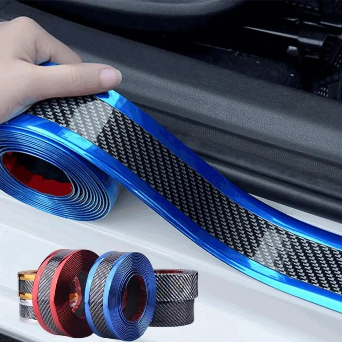Car Threshold Strip Anti Scratch Door Sill Protector Rubber Strip Carbon Fiber Car Threshold Protection Bumper Film Sticker Automotive Accessories Car Decals Car Door Entry Guard