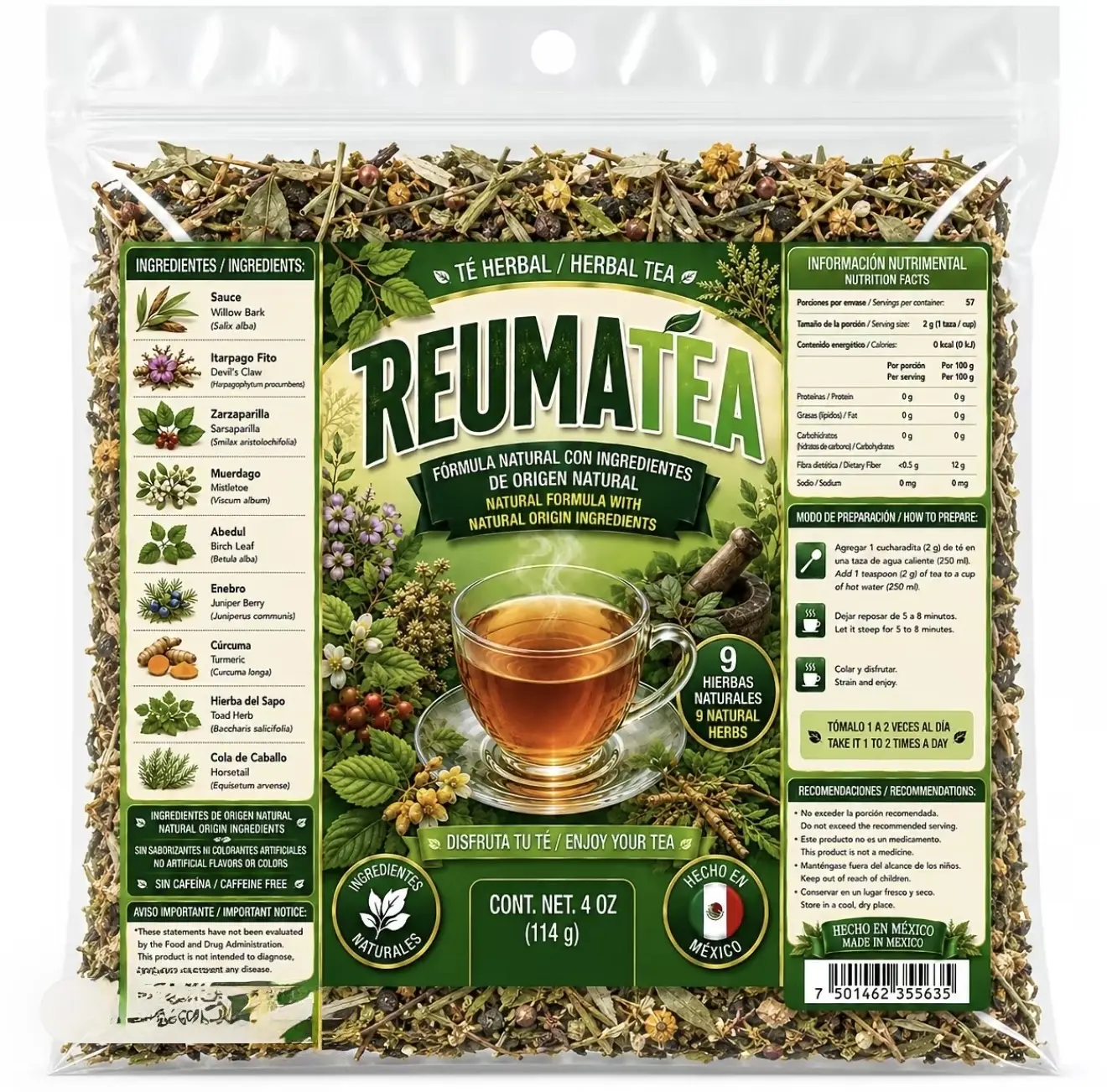 Certified Organic Mexican Herbal Loose Leaf Tea - 4 oz Unflavored Blend with 9 Natural Herbs (Willow Bark, Itarpago Fito, Mistletoe, Turmeric, Hierba Sapo & More) for Joint Health, Pain Relief, Herbal Teas