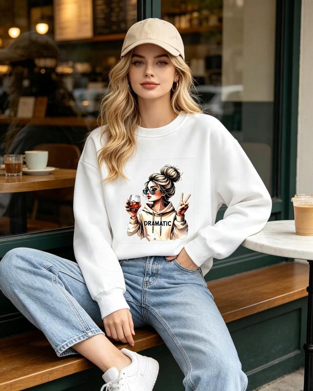 Women's Comfortable Fitted Cotton Graphic Pullover Crewneck Sweatshirt - Fall Casual Bold Print Sassy Girl Top, Matching Jeans Leggings Style - Sohochic
