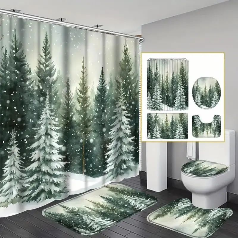 Christmas Winter Scene Snowy Forest Tree Shower Curtain 4-Piece Set - Includes Non-Slip Rug, U-Shaped Mat, Toilet Lid Cover, Household Textile Bathroom Decor Accessories, Set Includes 4