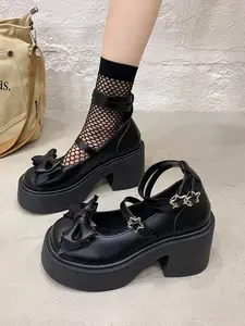English Style Lace-Up Sneakers, Bowknot Design, Thick Sole Height Increase, College Wind, Pure Color, PU Leather, Outdoor School Activities, Platform Mary Janes